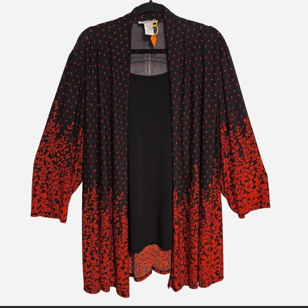 Women's Plus Size 2X Kimono/Cardigan with a red and black print overlay.
